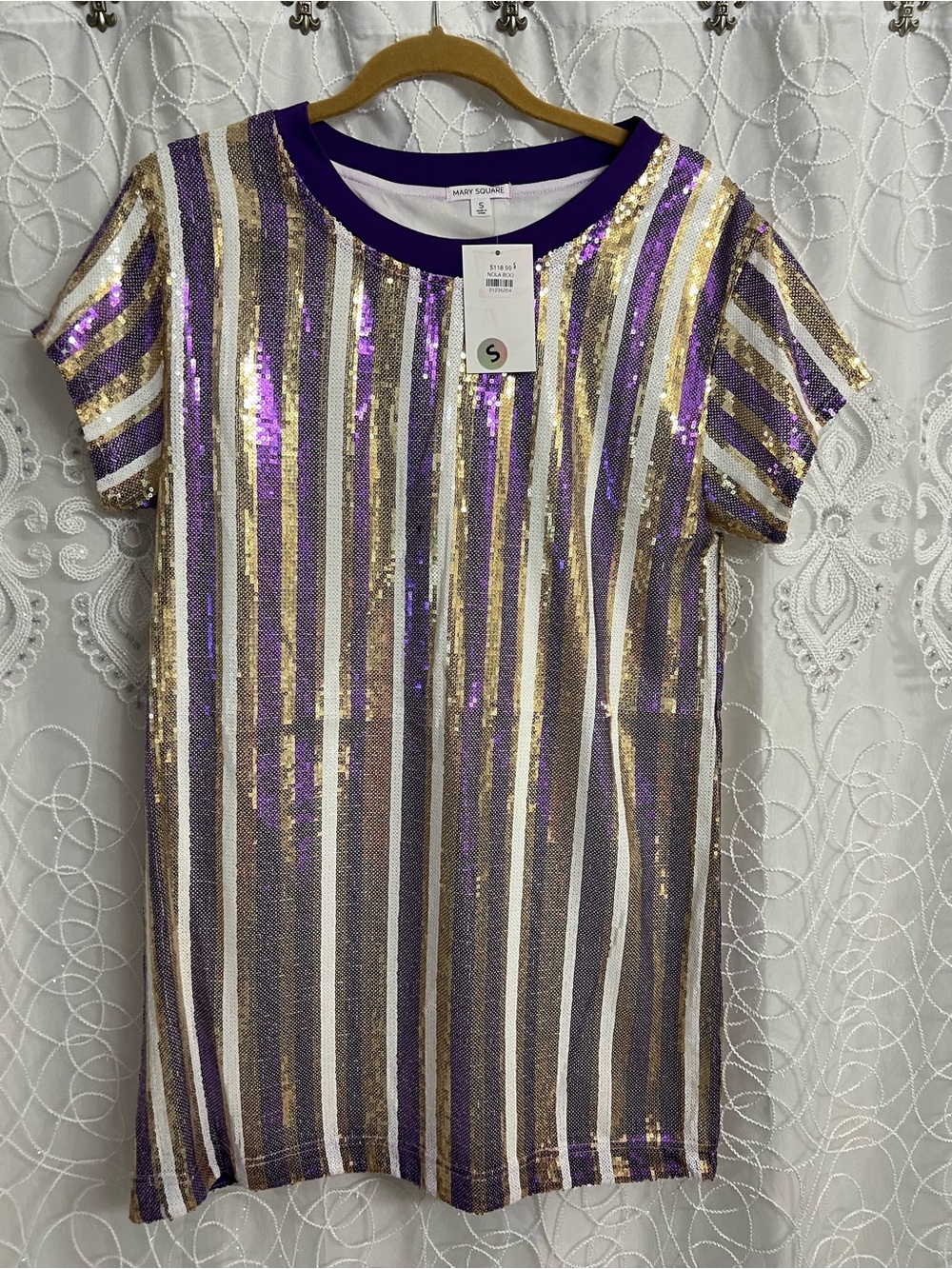 Ladies Purple & Gold Sequin Stripe Tee - Size S